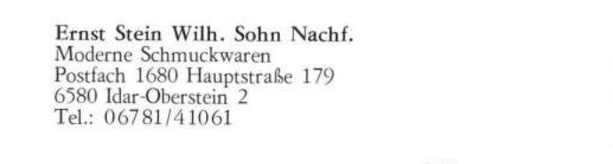 Gedruckter Firmeneintrag: Ernst Stein Wilh. Sohn Nachf., Moderne Schmuckwaren, Hauptstraße 179, Idar-Oberstein